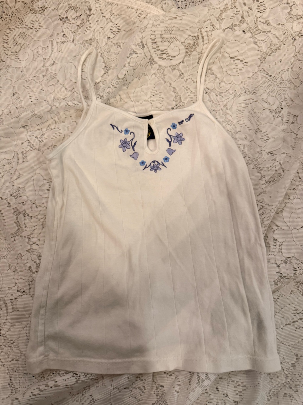 Rip Curl White Tank Top with Blue Floral Embroidery